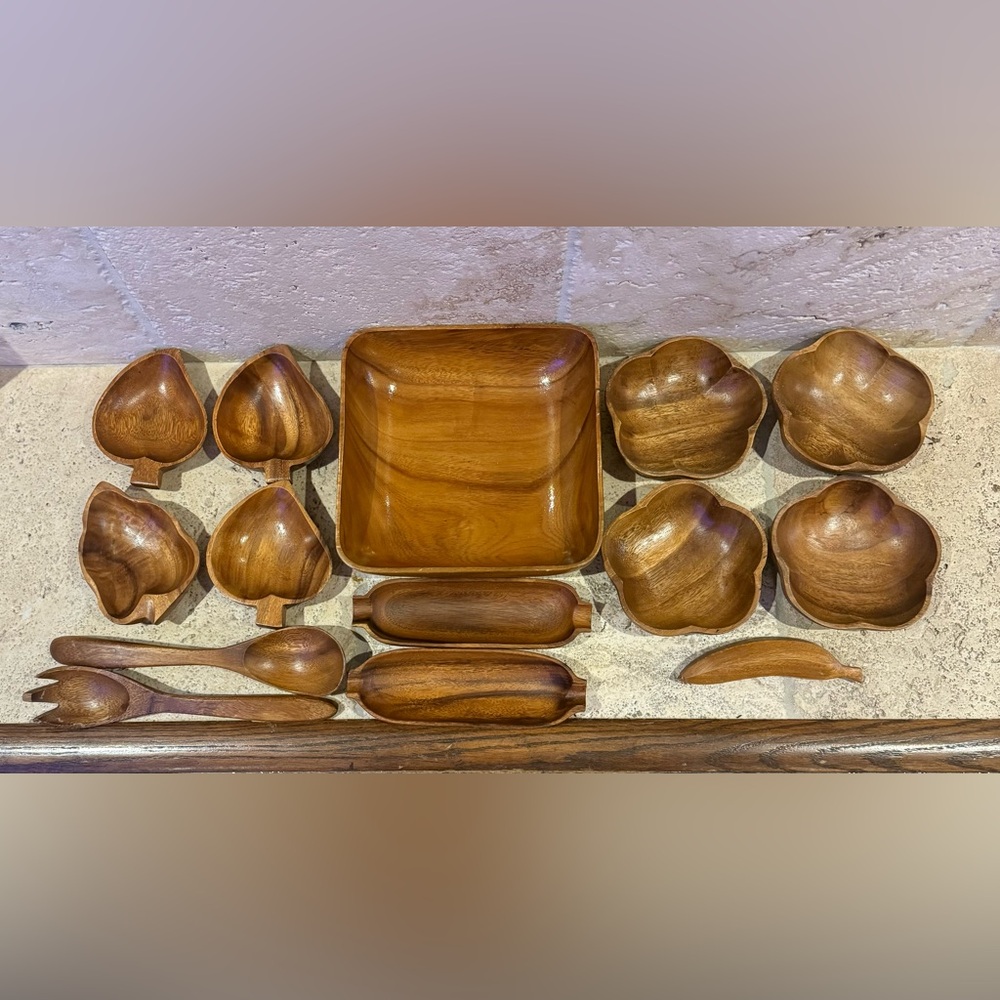 Vintage Mid Century Monkey Pod Wood Salad Bowl Serving Set